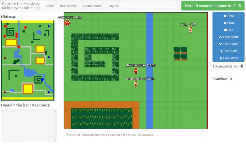 Capture the Massively Multiplayer Online Flag! A Real Time Turn Based game that happens in increments of 10 seconds.