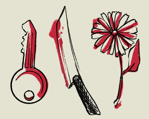 key, knife, flower.