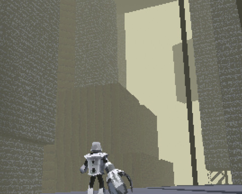 Portrait of a robot climbing a dystopian megastructure
